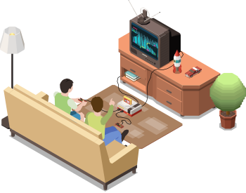 Two children playing an old school 8bit game while listening to classic video game music